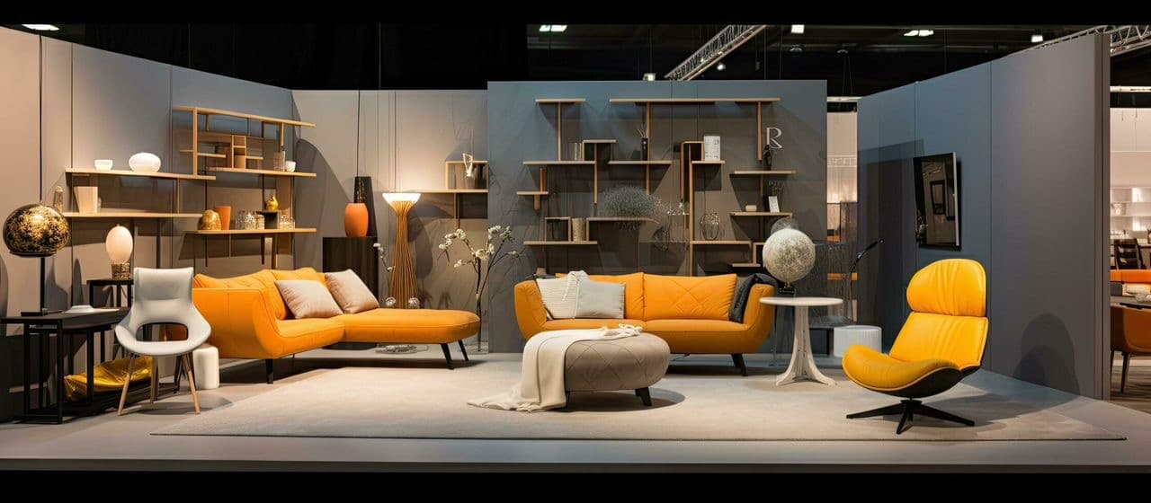 Showroom avec canapés en cuir orange et étagères design